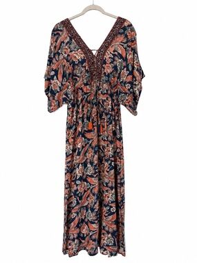 Crane Bird Floral Boho Maxi Dress Navy Orange Kimono Sleeve